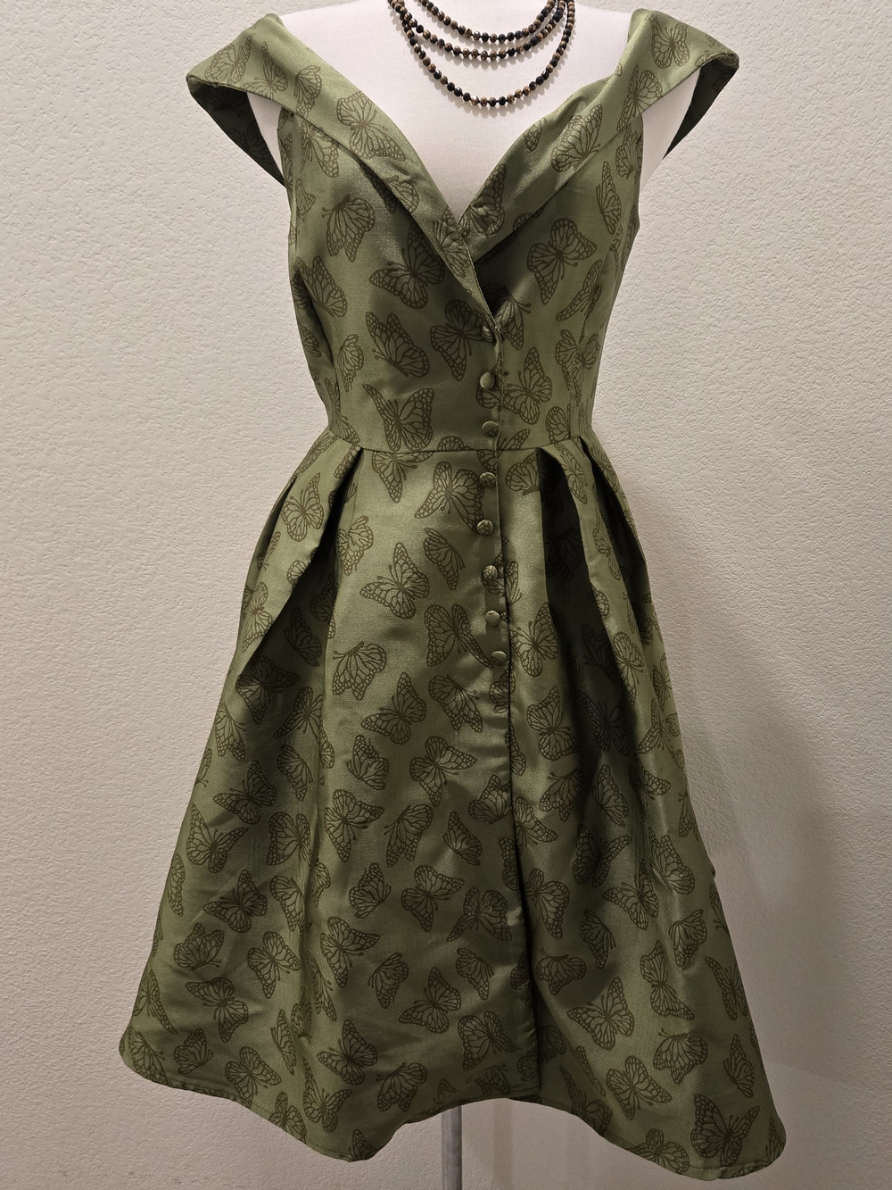 Olive Green Butterfly Fit-and-Flare Dress